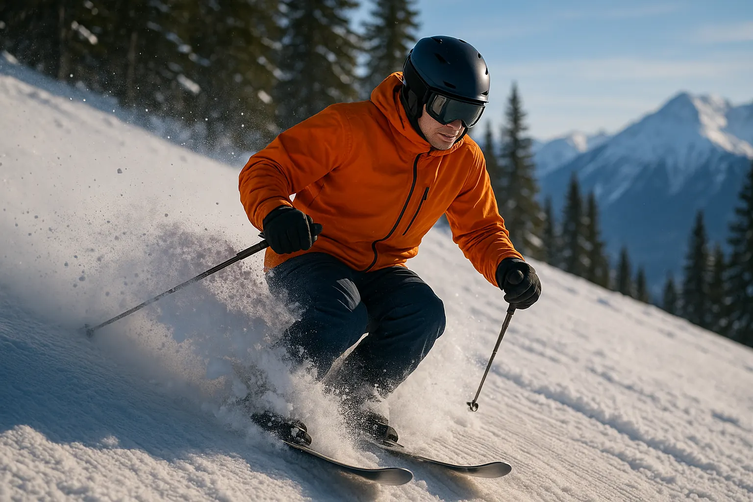 All-mountain skis in mixed snow: powder on top of firm base