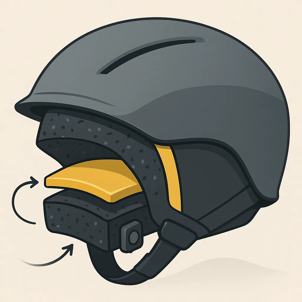 Schematic of a modern ski helmet: MIPS slip layer, EPS core, and an embedded impact sensor.