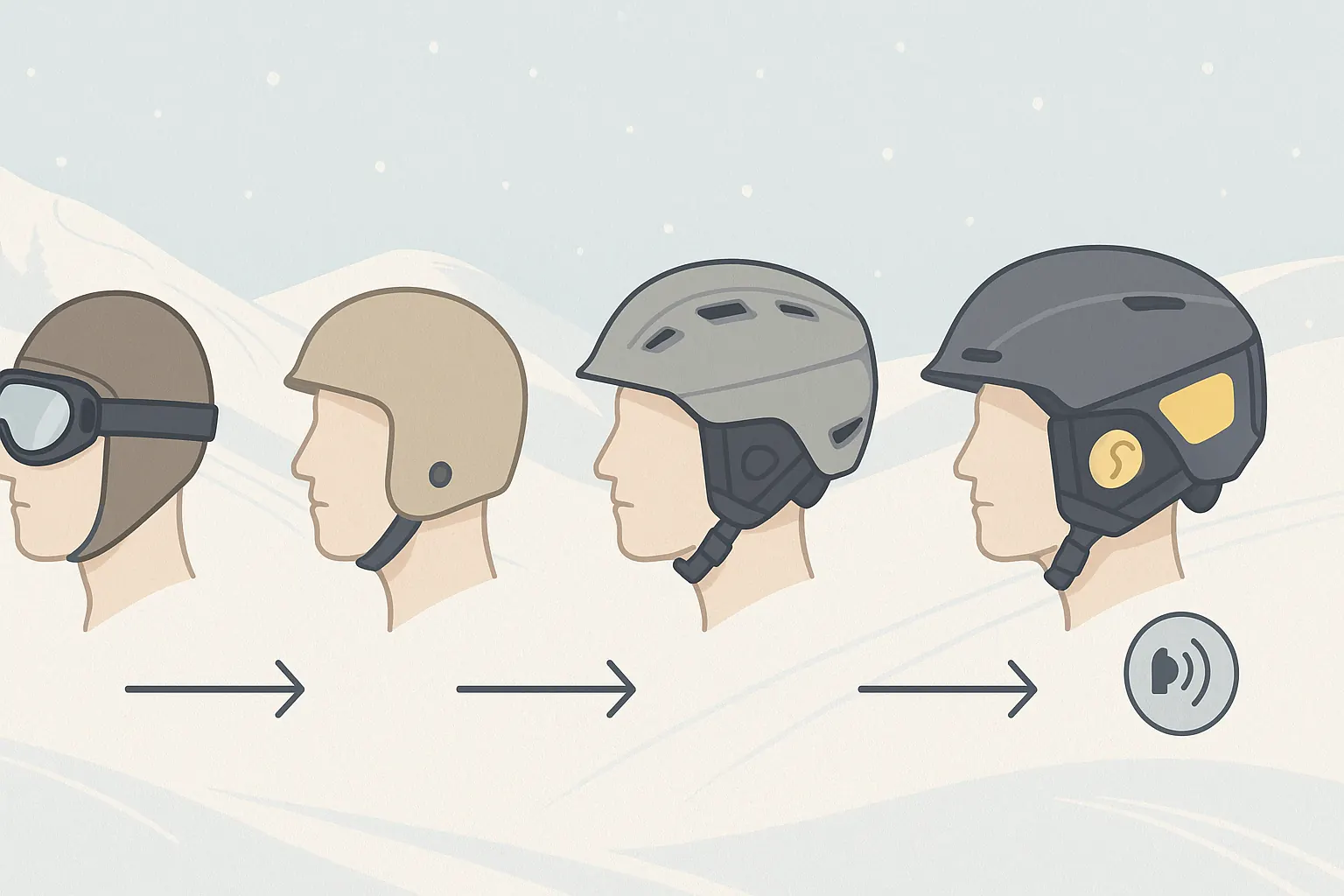 Ski helmets over time: from early felt caps to modern MIPS-equipped models with impact sensors.
