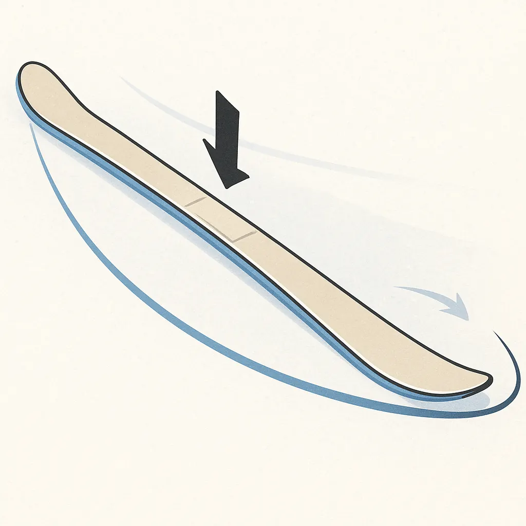 Diagram of a carving ski with sidecut geometry showing how the edge naturally follows a turn radius.