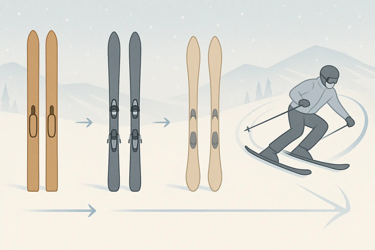 Carving skis through time: from straight wooden skis to modern shaped models with deep sidecuts.