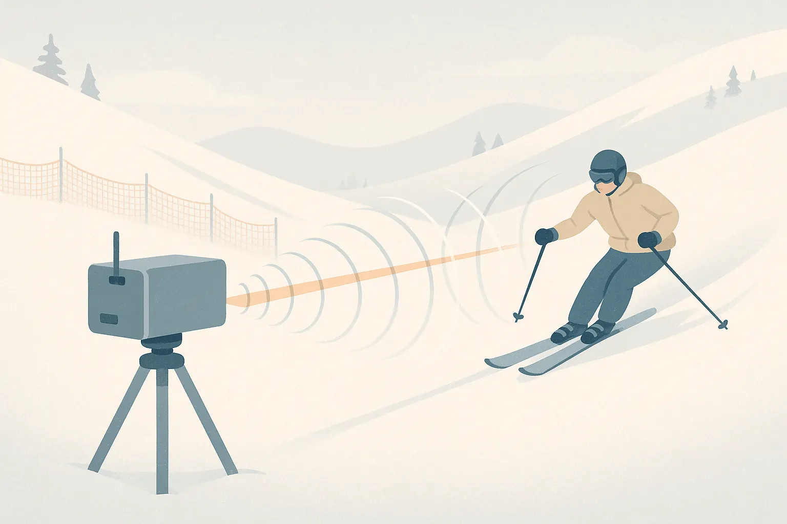 Ski radar measuring skier speed using Doppler and laser reflection on a snowy slope.