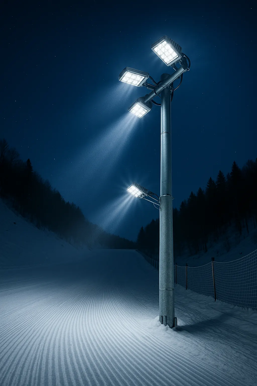 Lighting pole with multiple LED floodlights aimed in different directions
