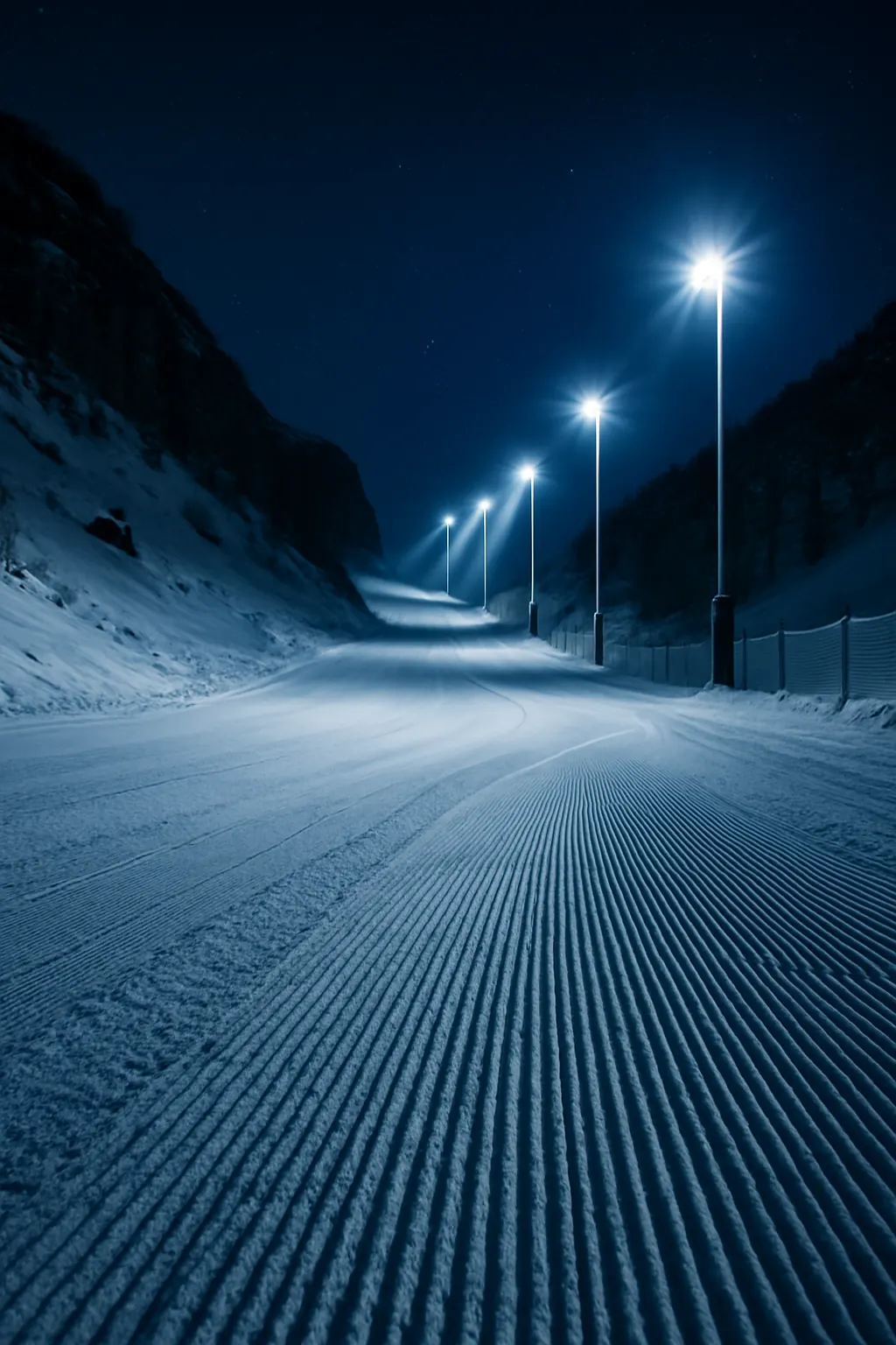 Night piste with poles and LED floodlights; beams sweeping across fresh corduroy
