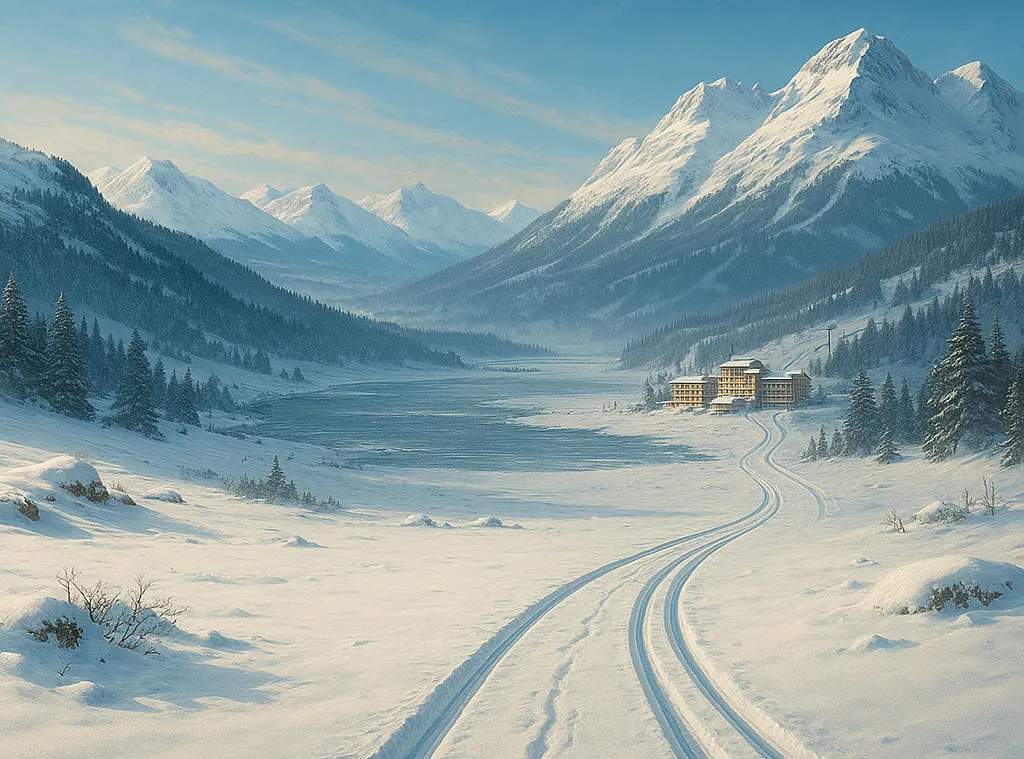 Panorama of a snowy landscape: ski tracks crossing a frozen valley towards a modern ski resort in the distance