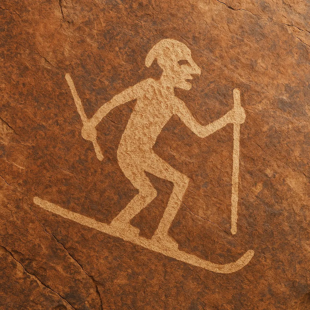 Ancient petroglyph: a human figure with long wooden skis