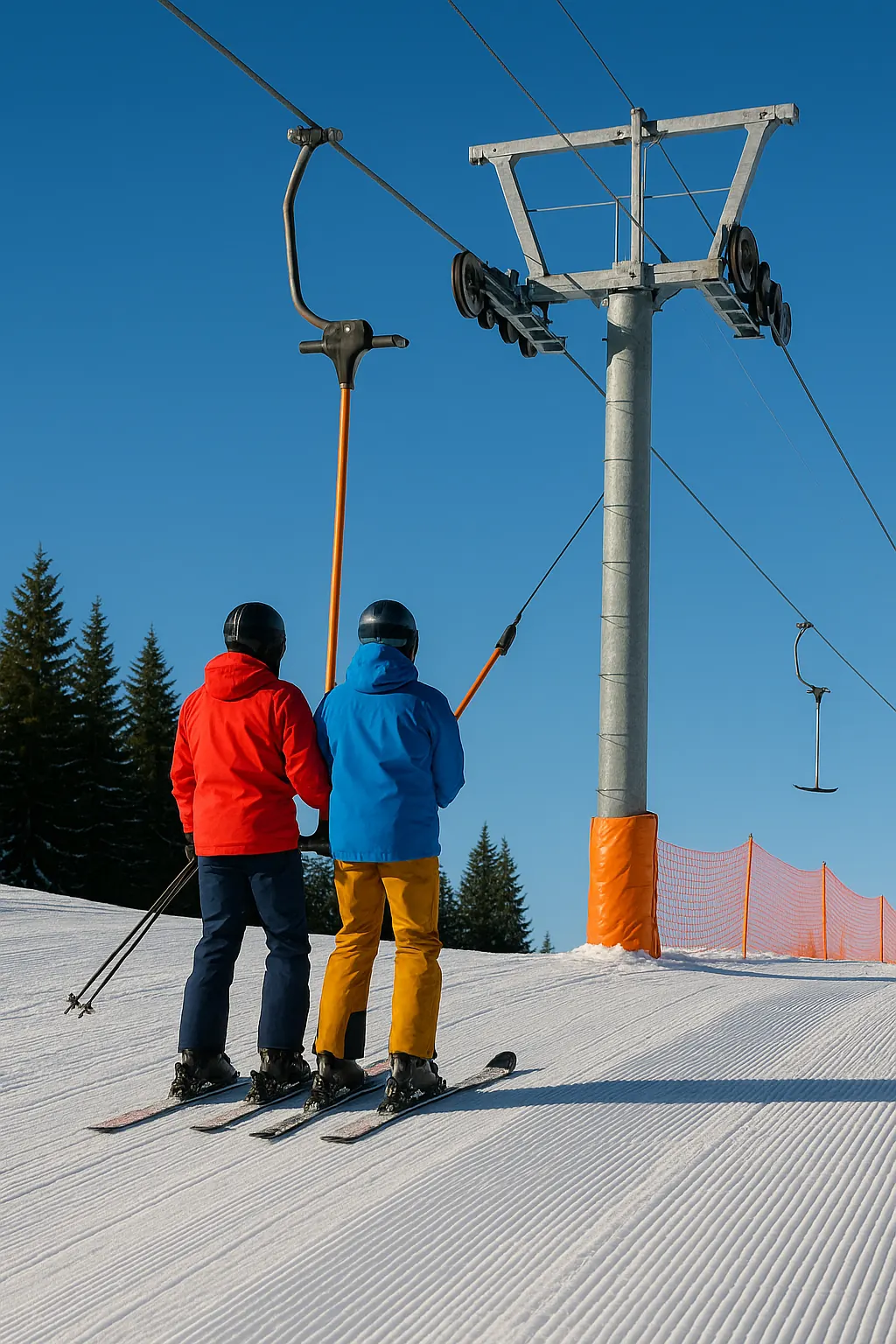 T-bar (anchor) tow pulling two skiers uphill