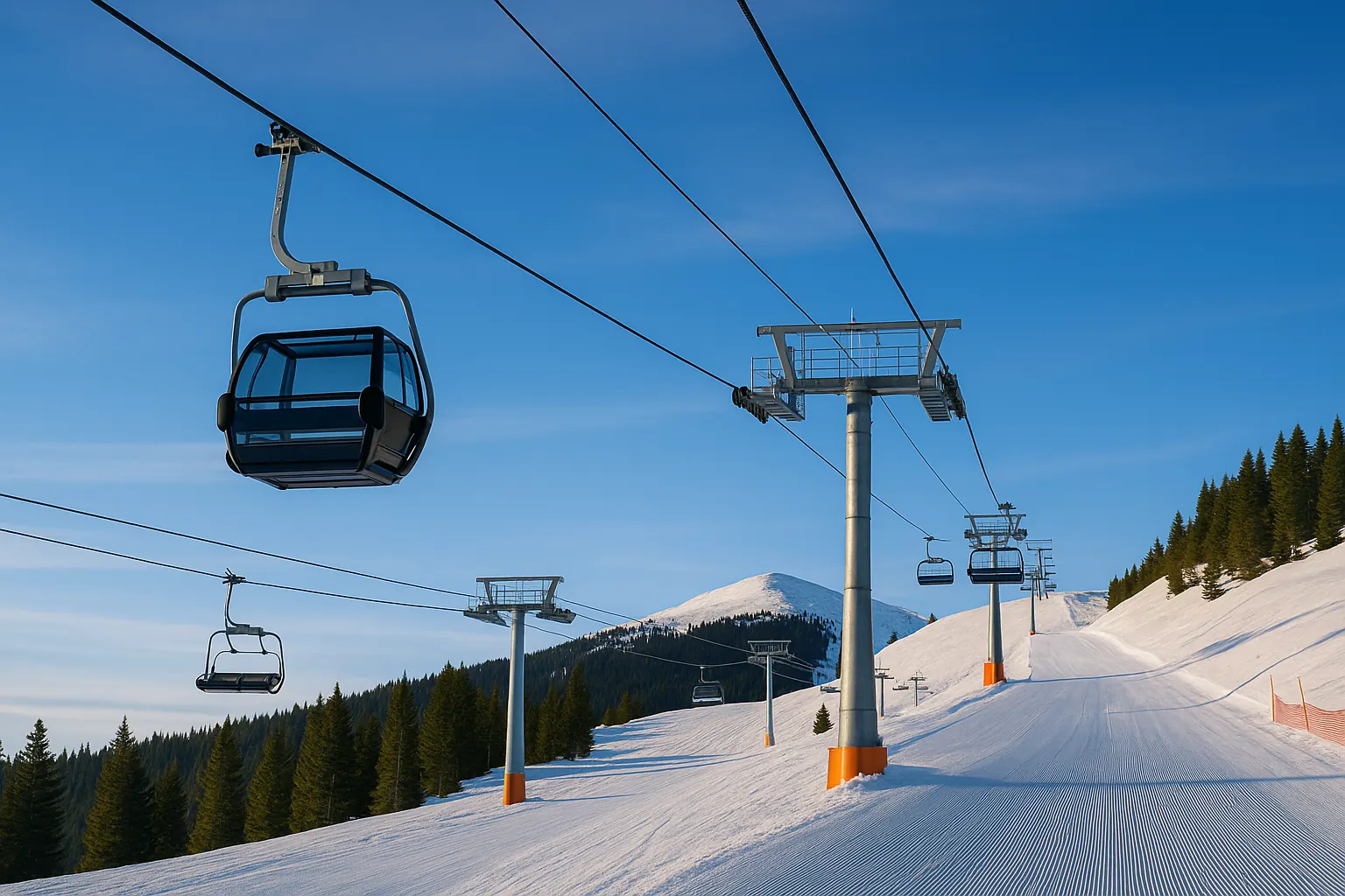 Panoramic ski area: towers and haul rope running uphill, gondola and chairlifts in the foreground