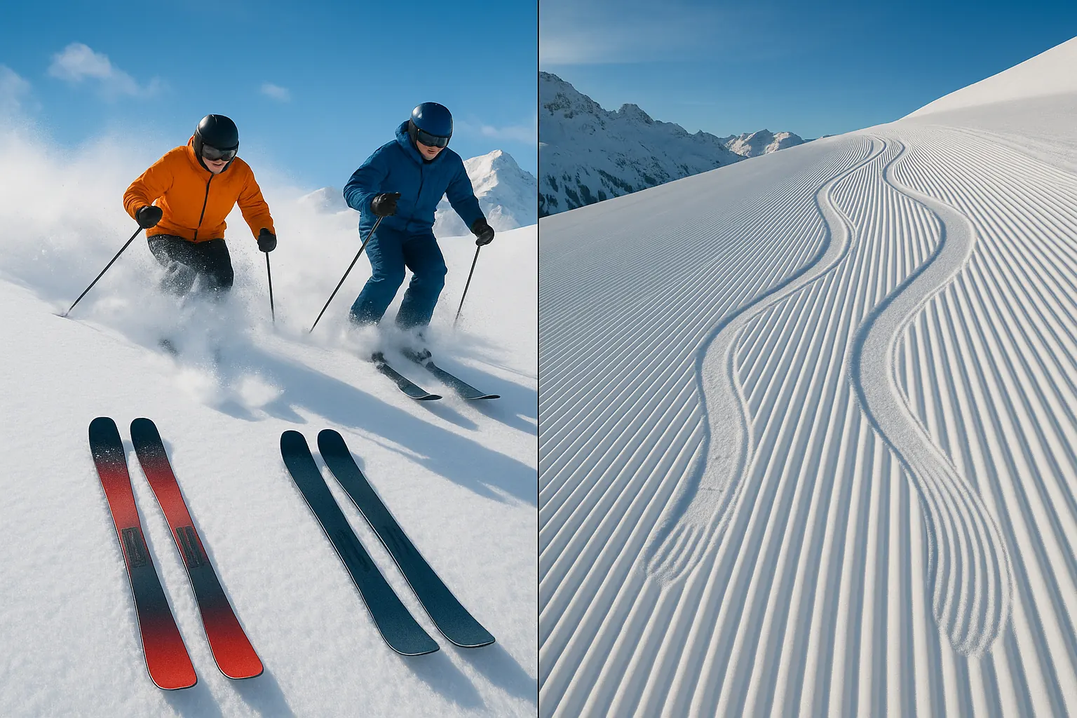Side-by-side: narrow and wide skis in powder and carved tracks on groomers