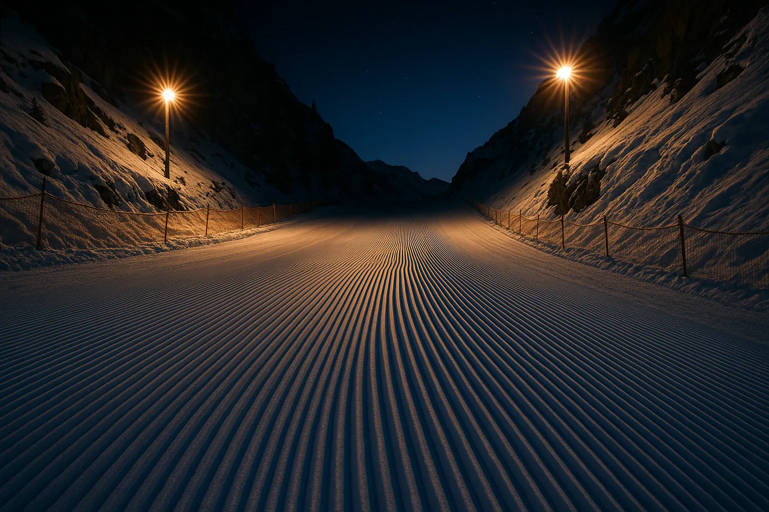 A floodlit black run dropping steeply with crisp corduroy through a narrow gully