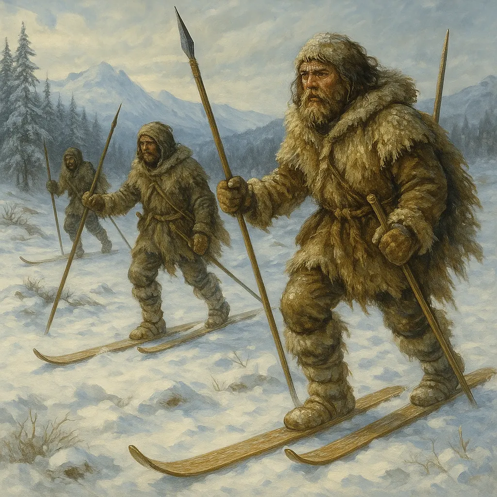 Illustration of northern hunters: fur clothing, long skis, spears and snow