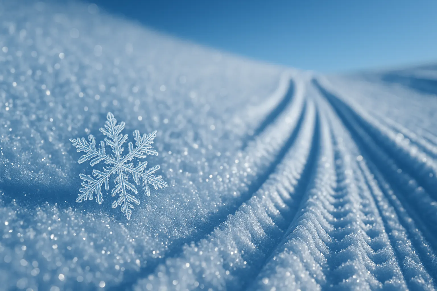 Macro snowflake and ski tracks on firm morning snow under a blue sky