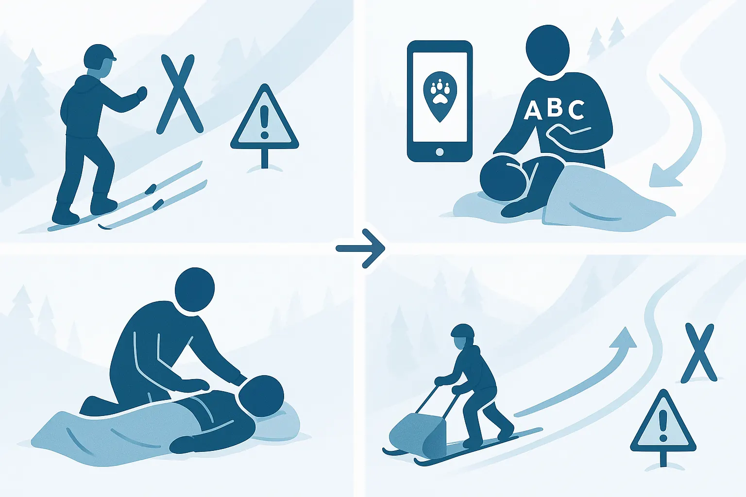 Steep-slope accident protocol: mark scene, secure upstream, call patrol, assess ABC, assist evacuation.
