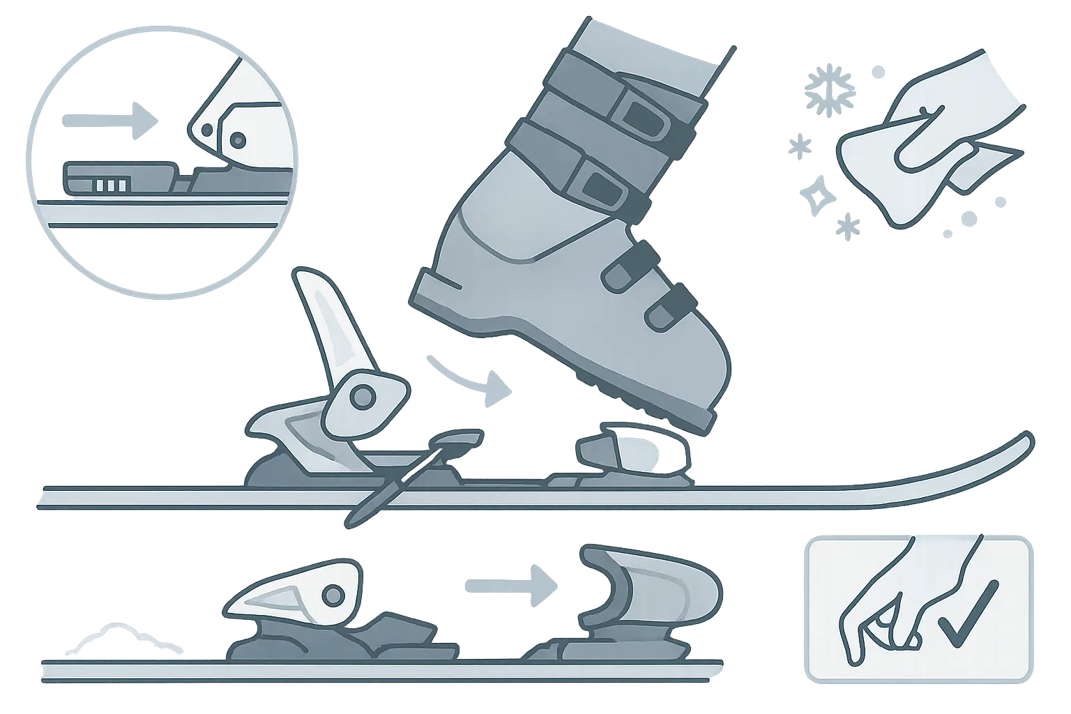 Ski binding setup: adjust length to boot, step in toe then heel, brakes up, quick release check.