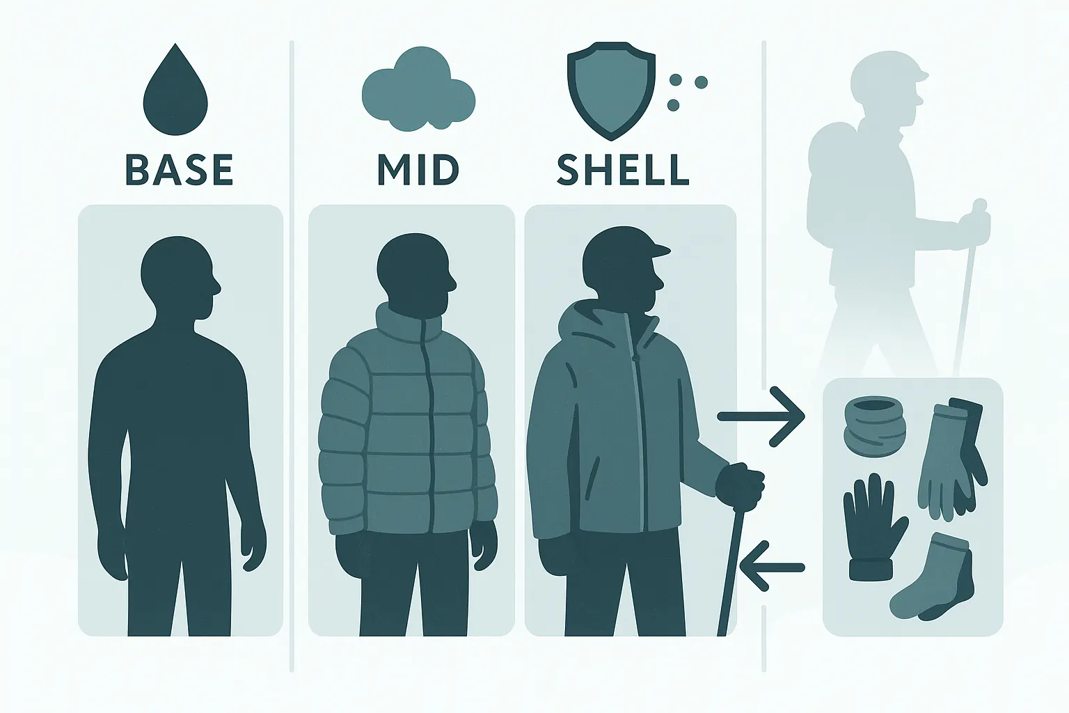 Advanced layering: base wicks, mid insulates, shell blocks wind; use vents actively and carry a small backup layer.