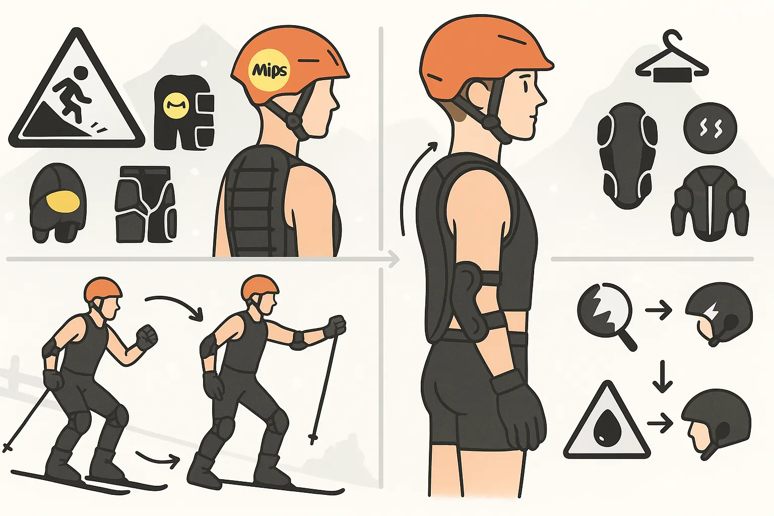 Advanced protective gear fit: helmet with secure straps, back protector coverage and impact protection arranged for steep terrain.