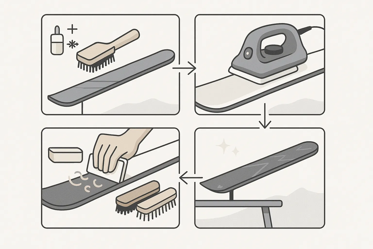 Advanced waxing: clean base, temp-matched wax ironed evenly; scrape and brush to open structure.