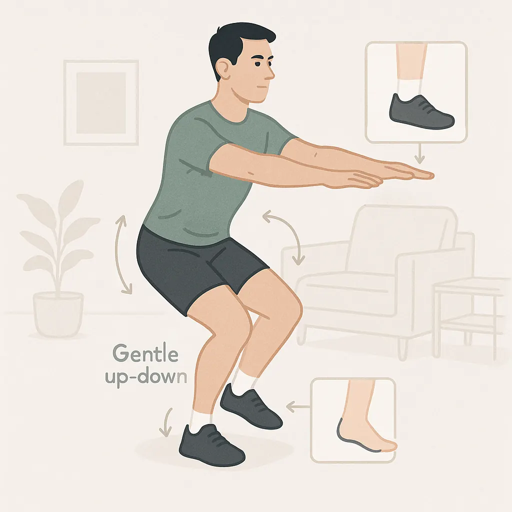 Single-leg balance with mini squats: soft knee, hips stable, eyes forward.