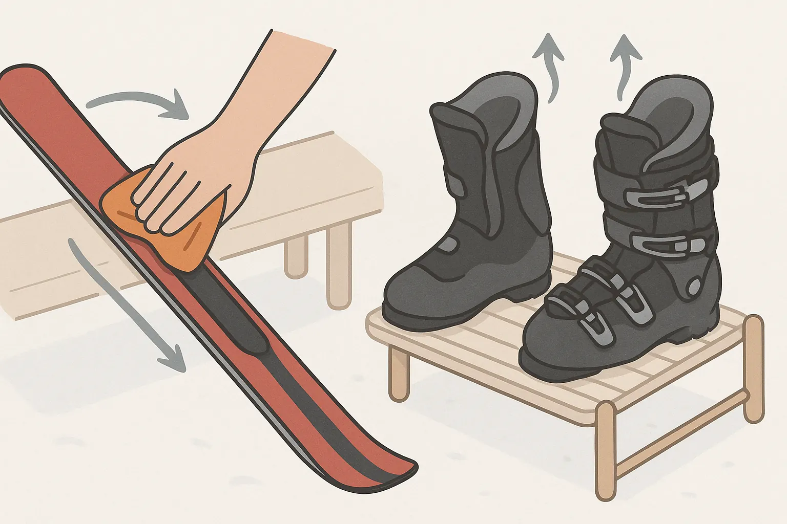 After skiing: wipe skis and edges, air-dry boots at room temperature and lightly buckle them.