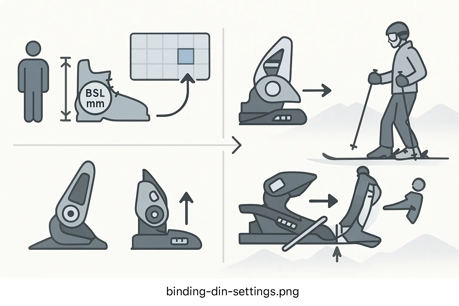 DIN setup: collect metrics, use chart, set toe and heel values, function-test release on flat.