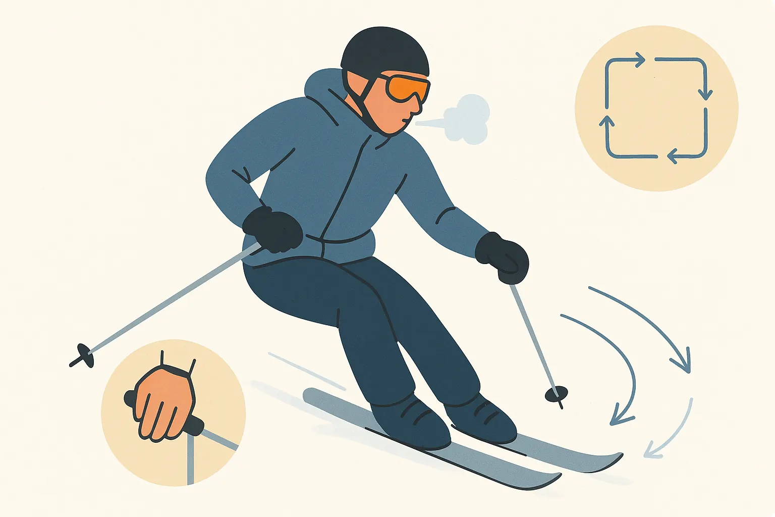 Breathing and relaxation while skiing: steady exhales, soft shoulders, rhythm linked to turns.
