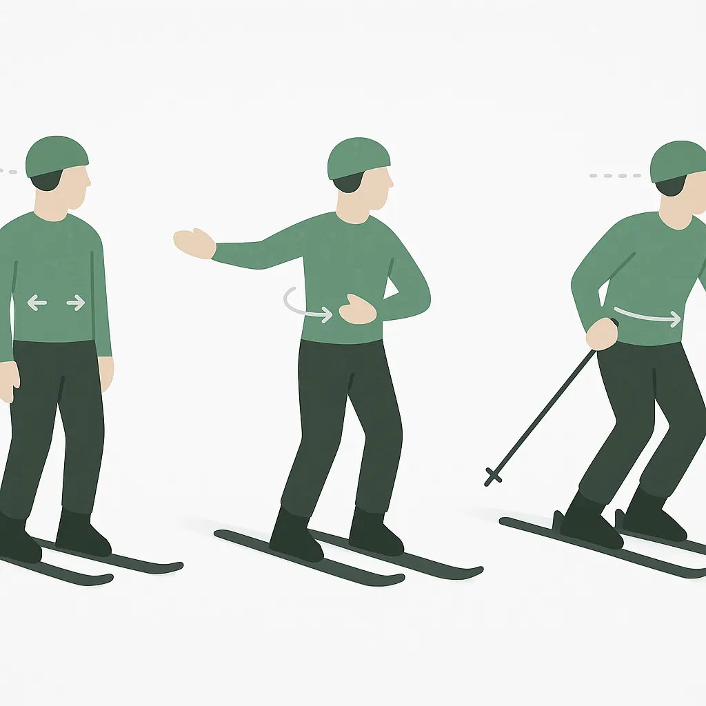 Quiet torso with pelvis–ribcage control: anti-rotation reach, hip–rib dissociation and ski counter with poles.