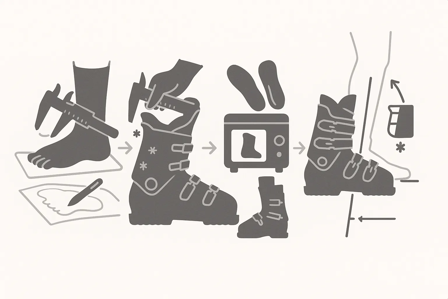 Custom boot fitting: assess foot, shell check, footbeds & heat molding, cuff/cant alignment for comfort and control.