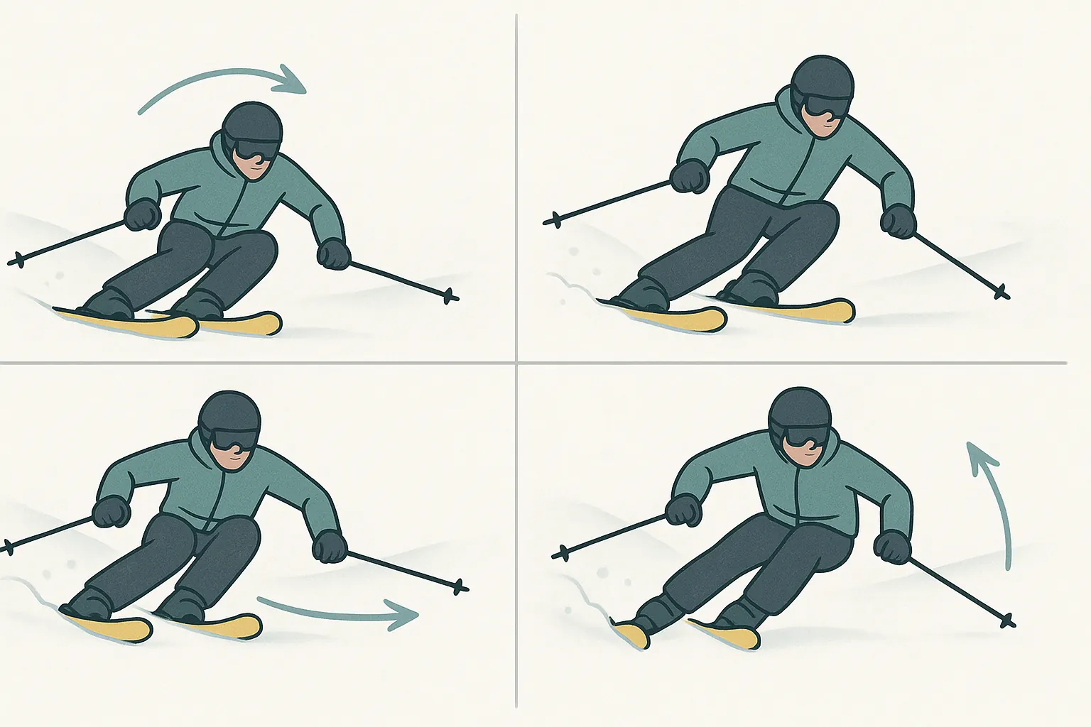 Dynamic cross-under: fast, quiet edge switch beneath a steady torso; low COM and continuous snow contact.