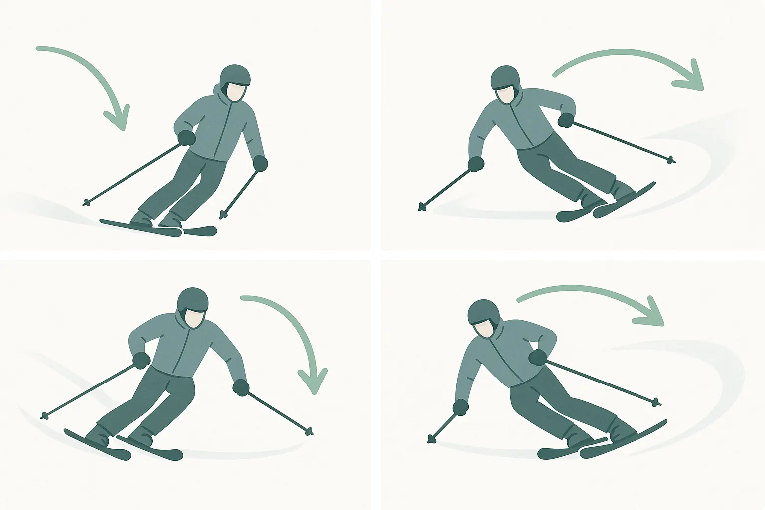 Long turns at speed: early edges, stacked posture over the outside ski and a quiet release for calm, fast arcs.