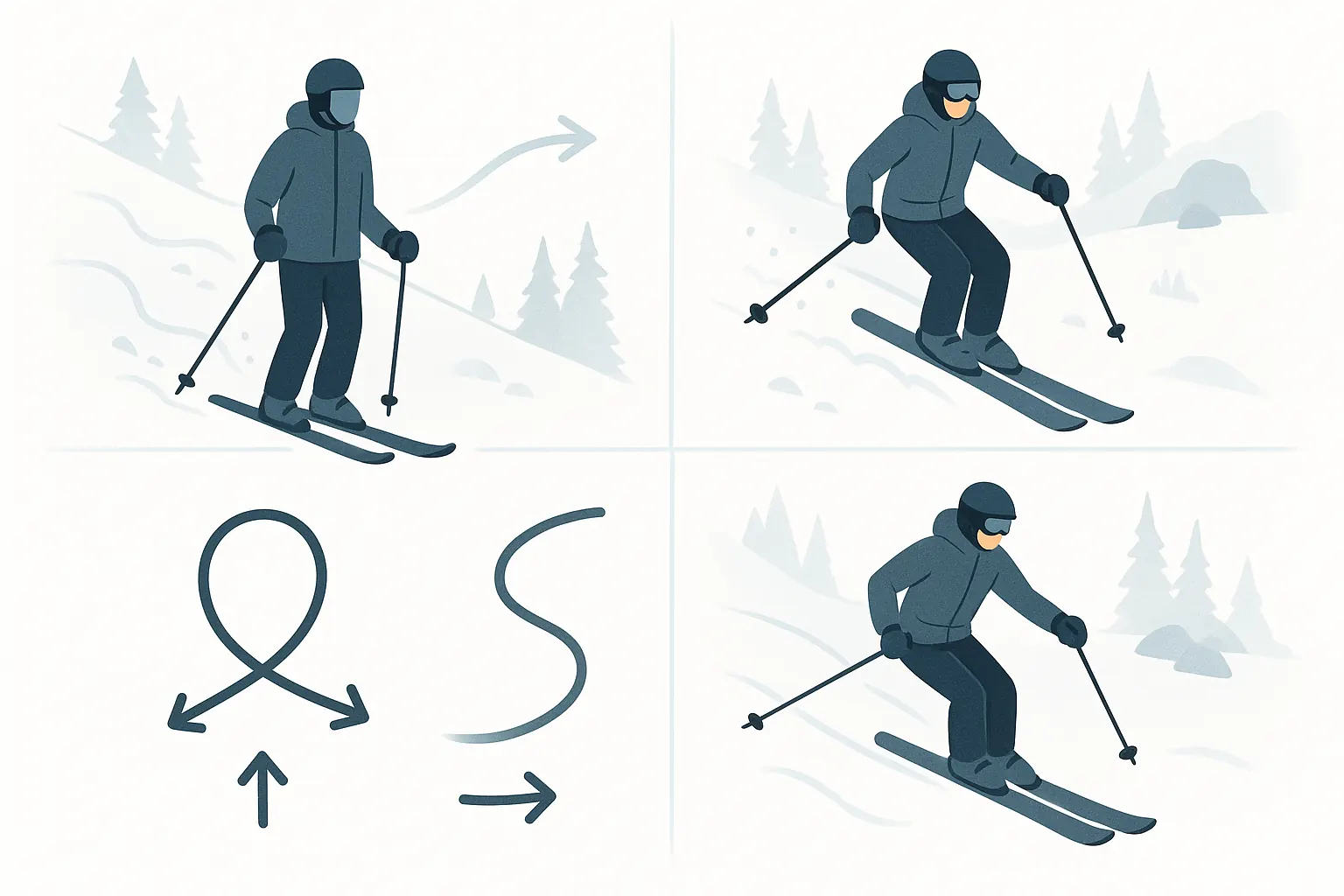 Tiefschnee: zentrierter elastischer Stand, gleichmäßiger Zwei-Ski-Druck, Rhythmus mit dem Stock und Tempokontrolle über die Kurvenform.