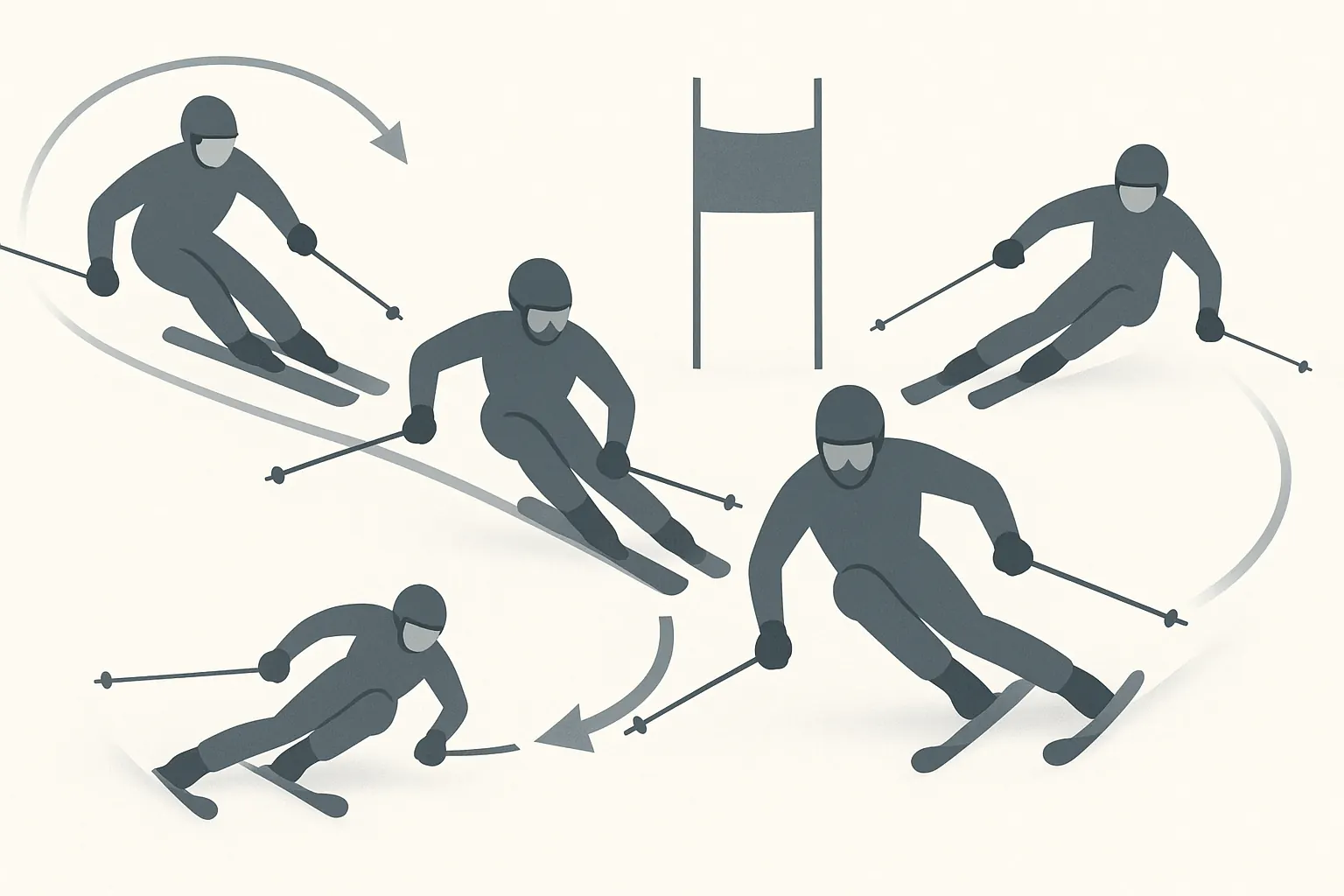 Race carving: early edge angles, late-apex pressure on outside ski, clean release and compact racing line.