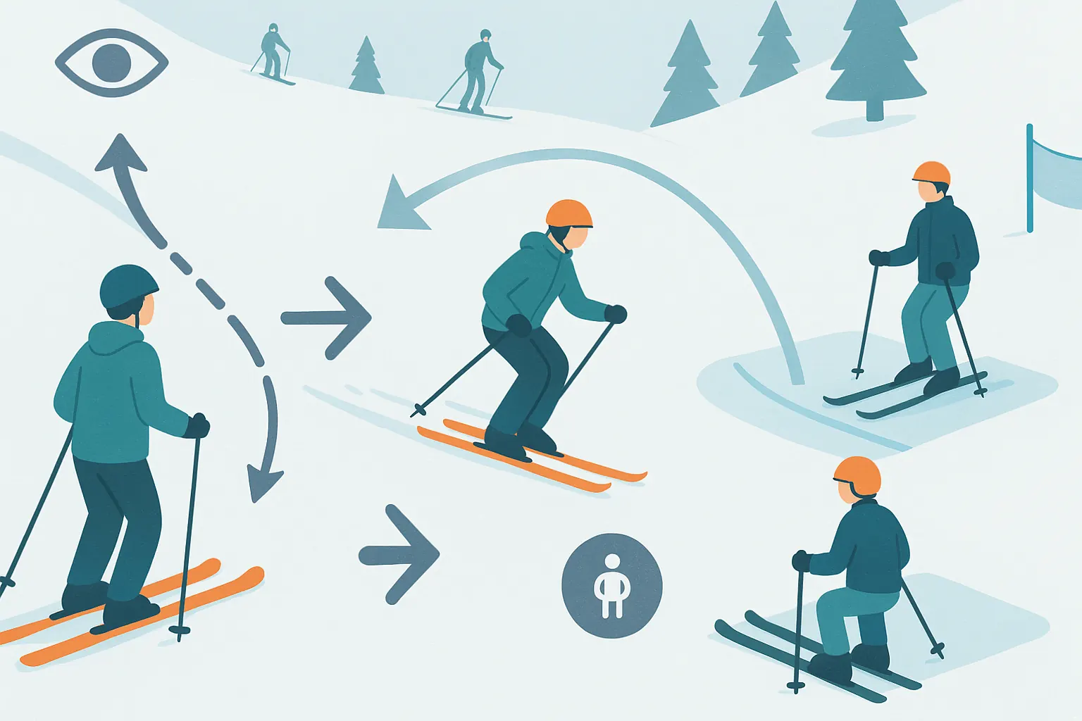 FIS in crowds: look uphill to start, yield to downhill skier, keep distance, pass with space, stop at the side.