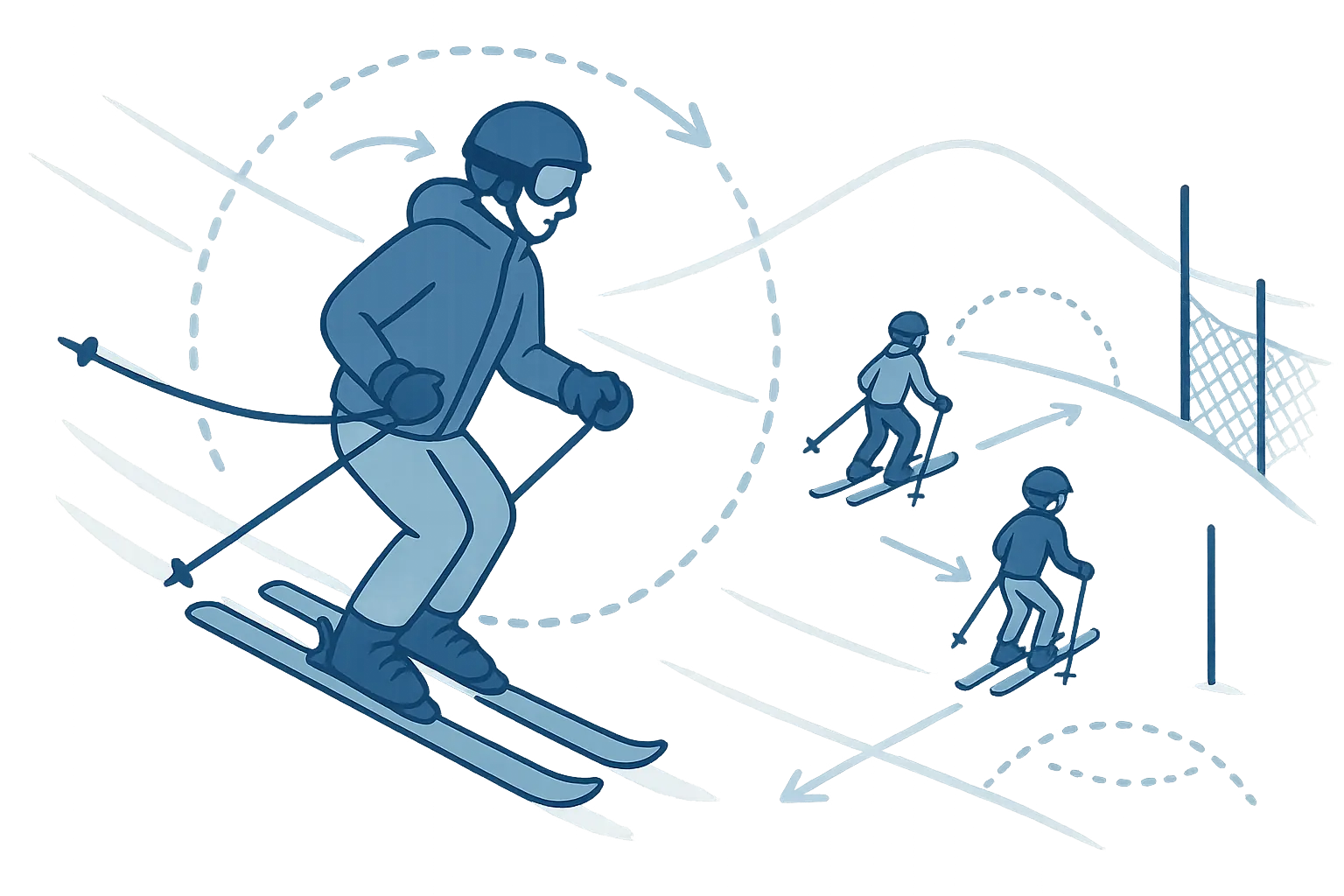 Illustration of safe slope rules: speed control, safe spacing and clear visibility on a ski slope.