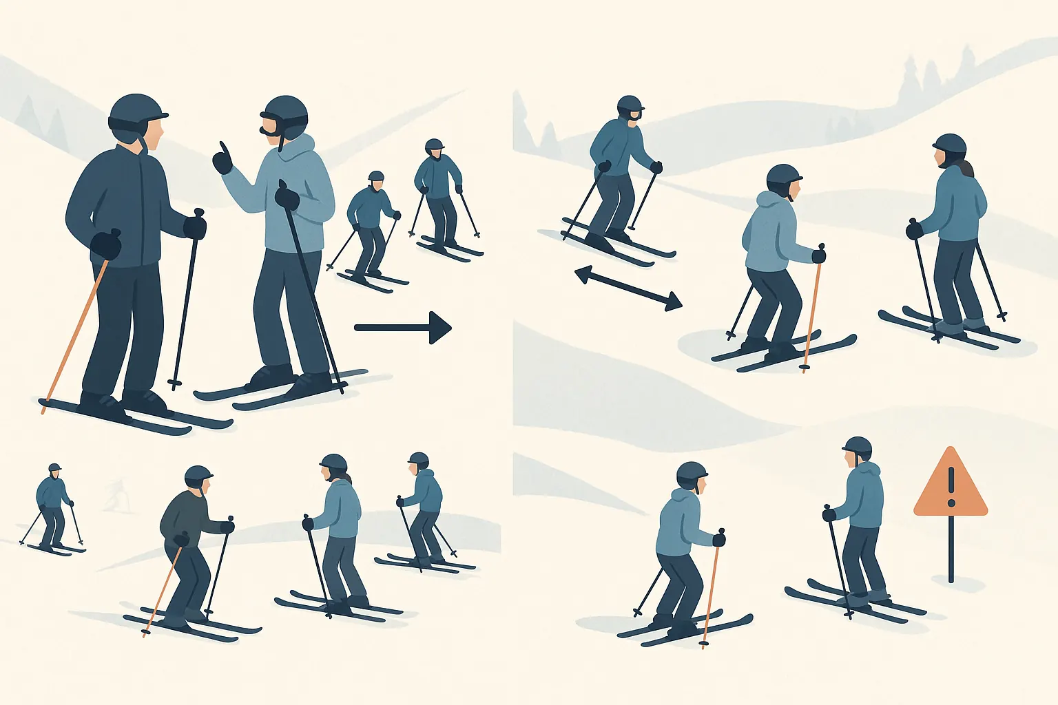 Group skiing etiquette: spacing, leader signals, leapfrog regrouping and safe stops.