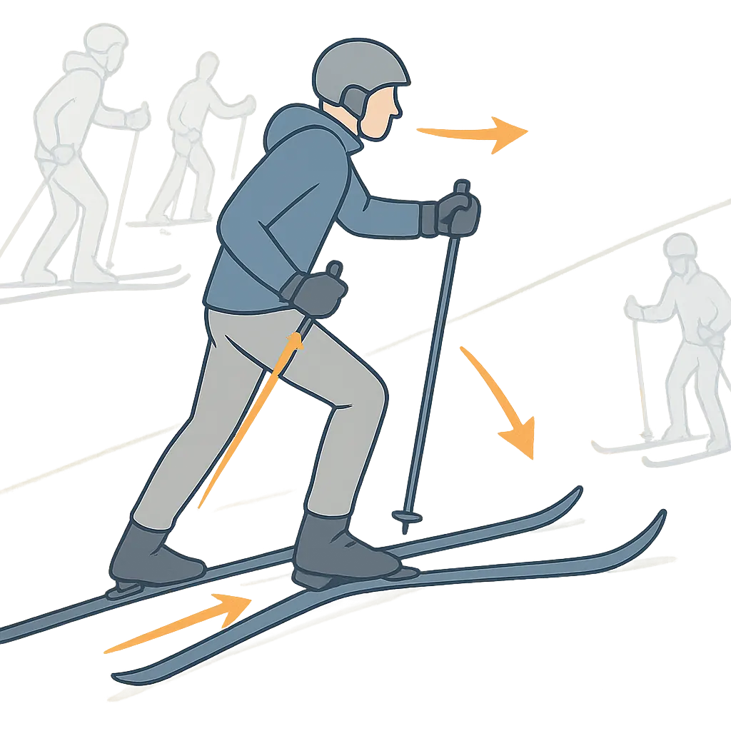 Skier climbing a gentle slope using the herringbone: skis angled out, weight forward, poles assist.