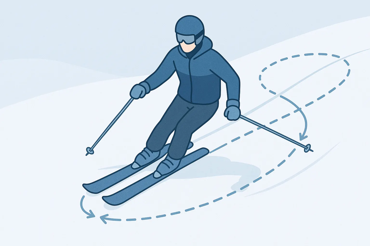 Skier linking wedge and early parallel turns: smooth rhythm, speed controlled by line choice.