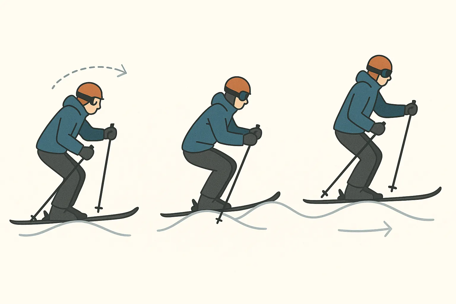 Moguls: pole plant, absorb over the crest, then extend after the trough to stay centered and in control.
