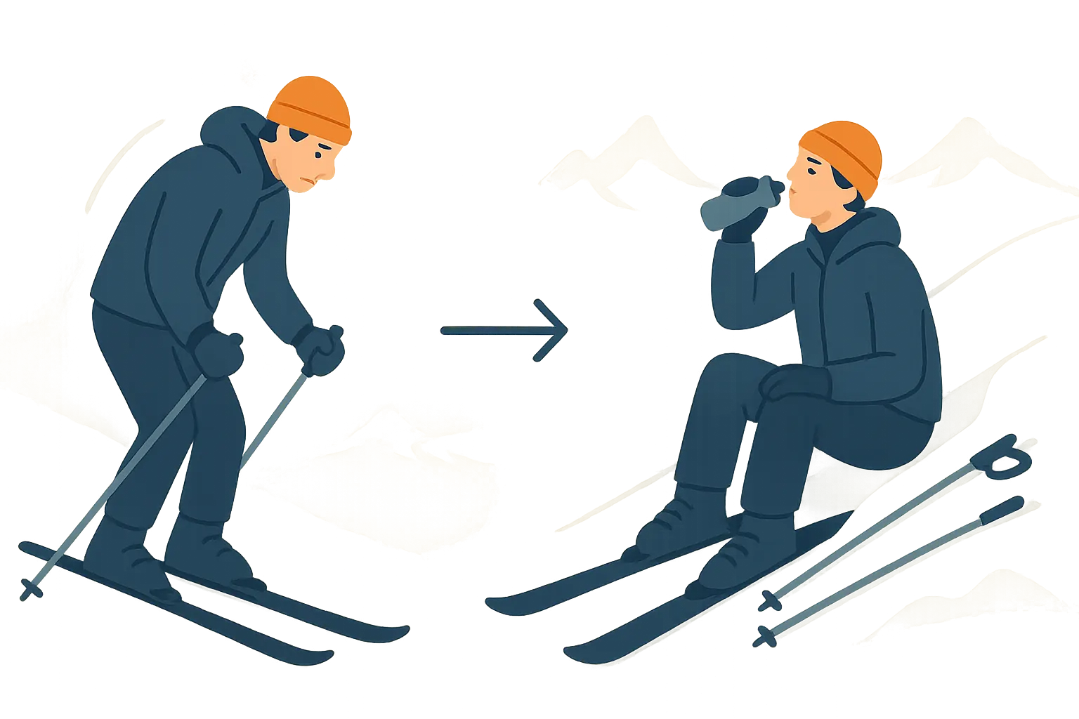 Fatigue signs: heavy legs and stiff posture; skier moves to the side and takes a short break.