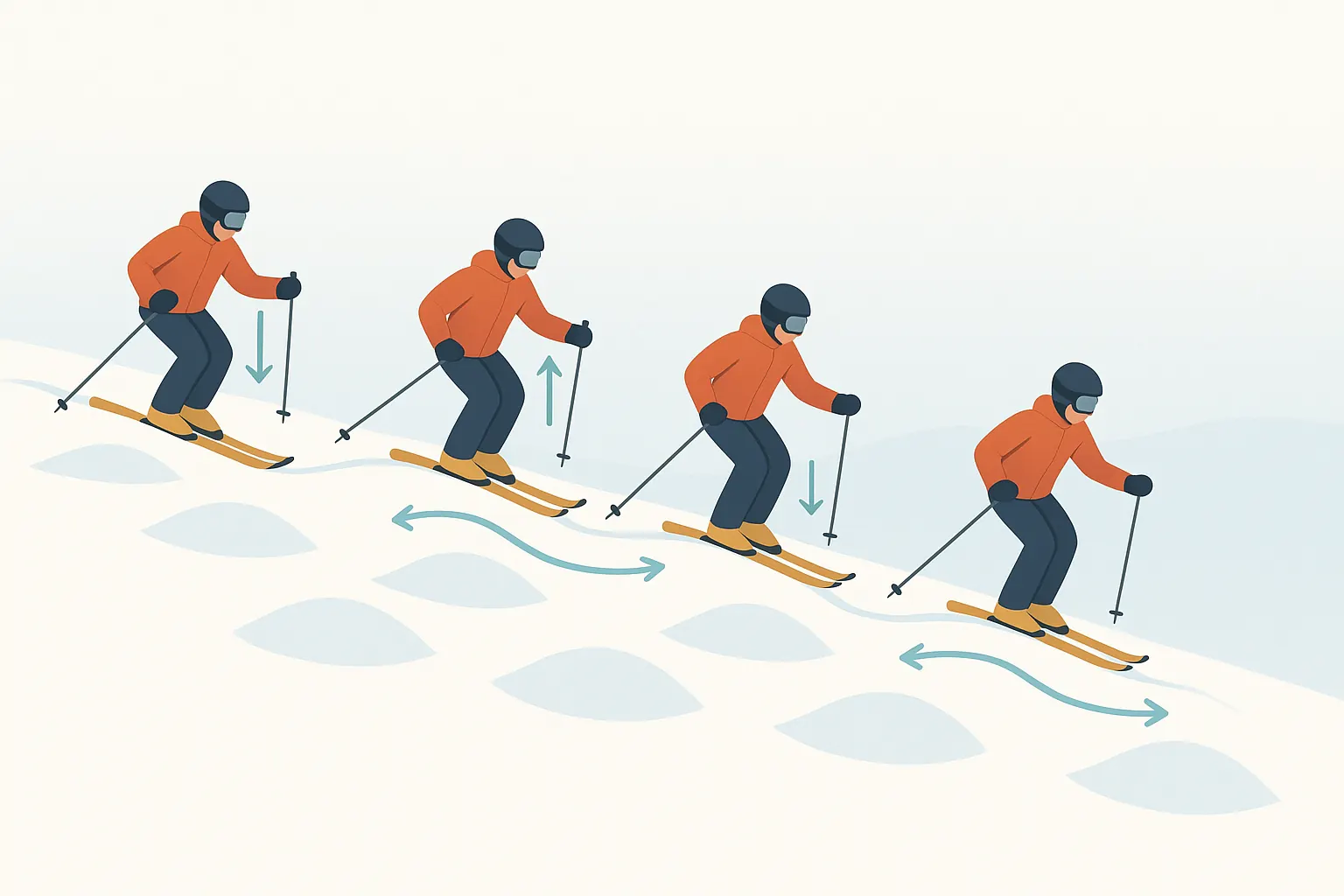 Skier on small moguls: absorb on crests, extend in troughs, light pole touch, round finishes across the hill.