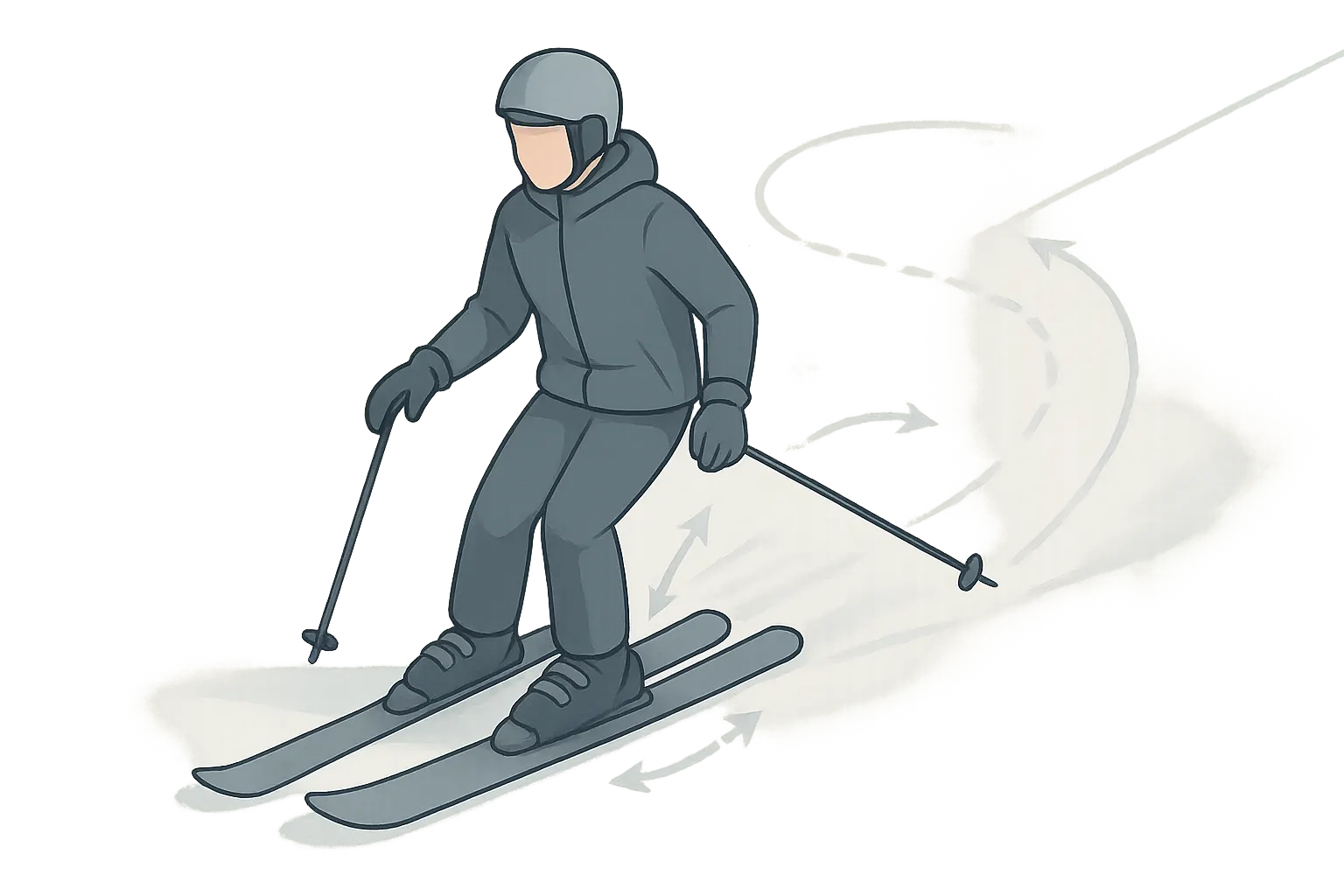 Skier side-slipping diagonally: skis across the slope, edges released; subtle arrows show speed control.