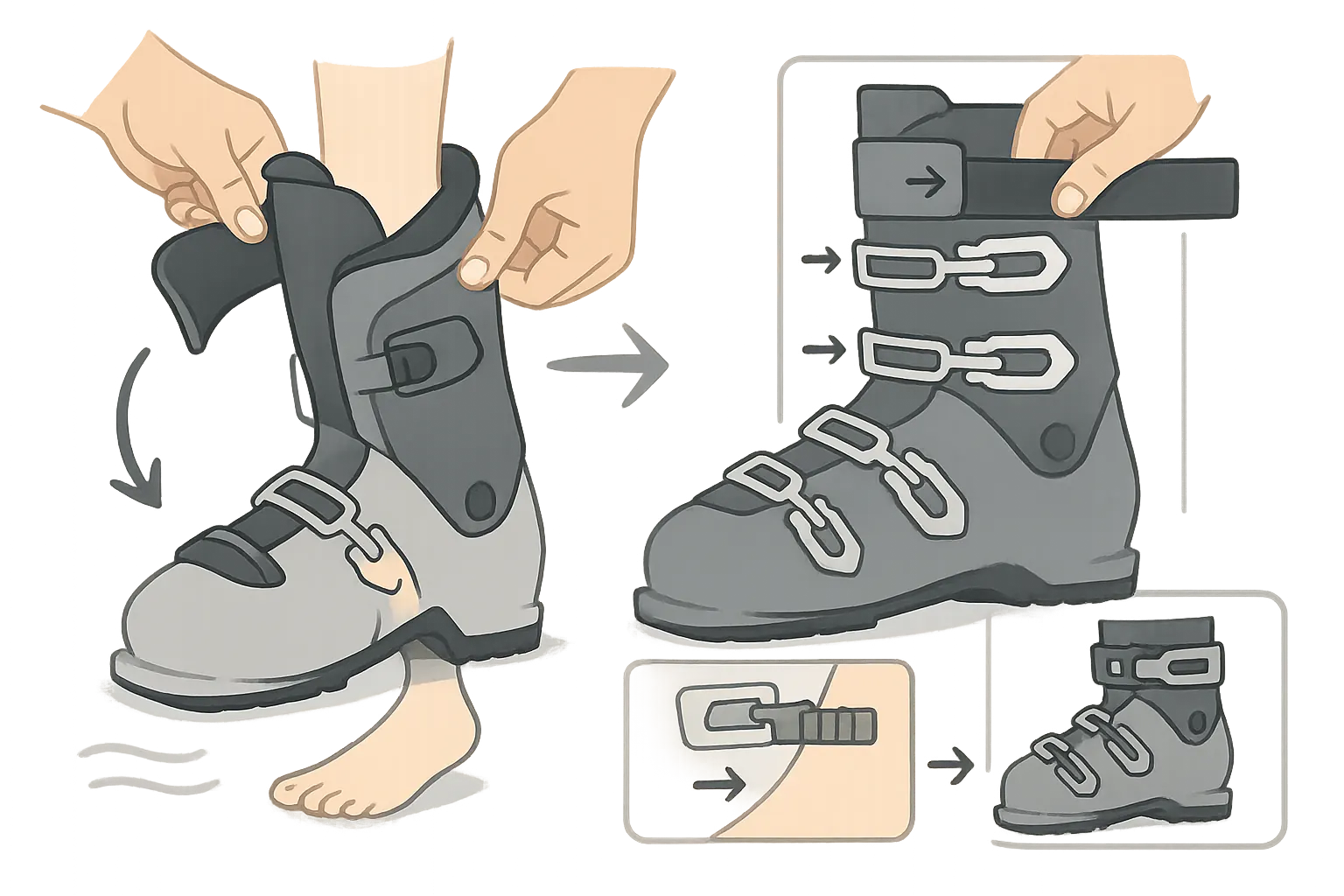 Ski boot sequence: pull tongue, slide heel, buckle from cuff to forefoot, finish with power strap.