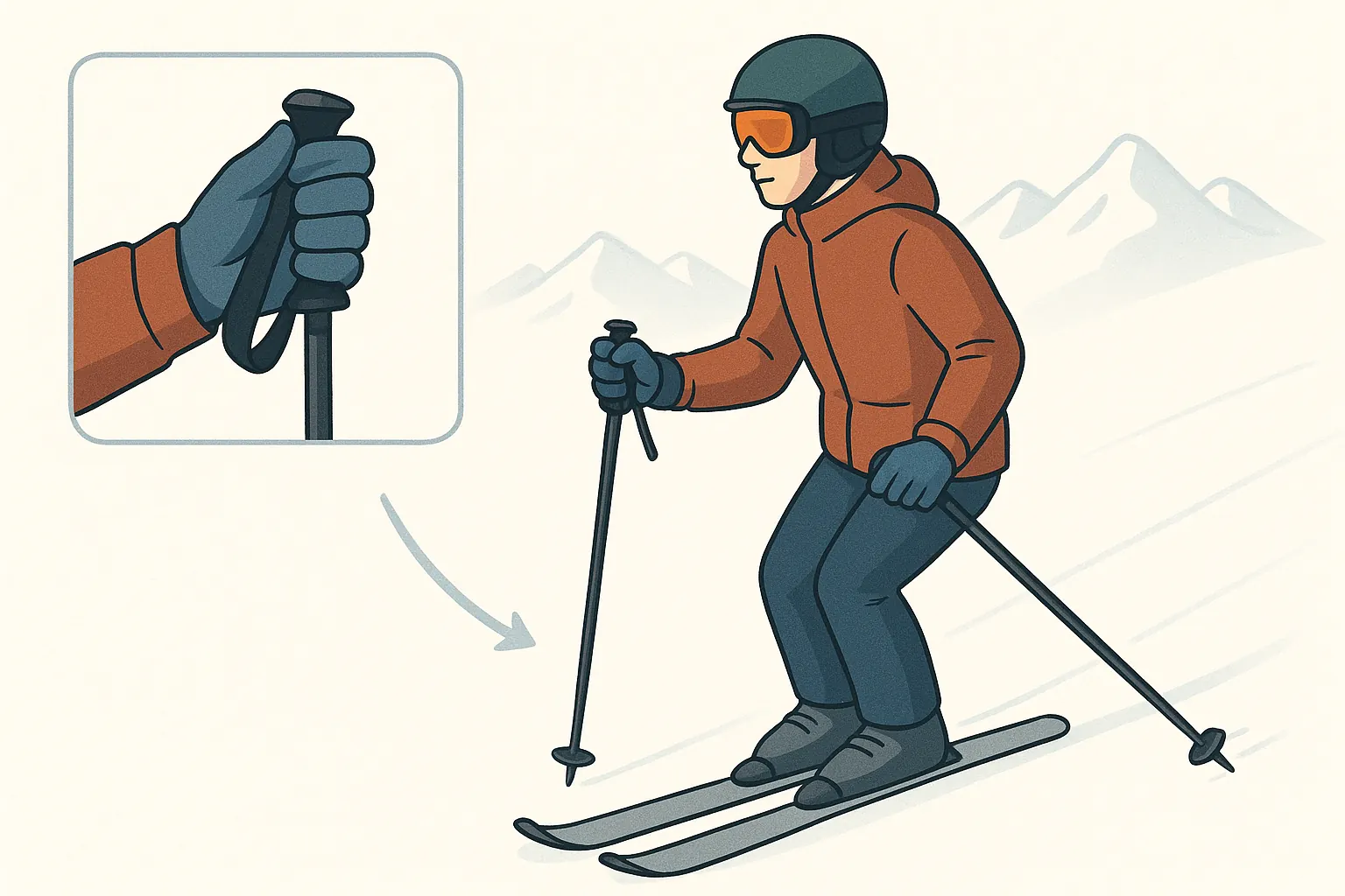 Correct pole grip and basic use: hand up through strap, light downhill touch before a turn.