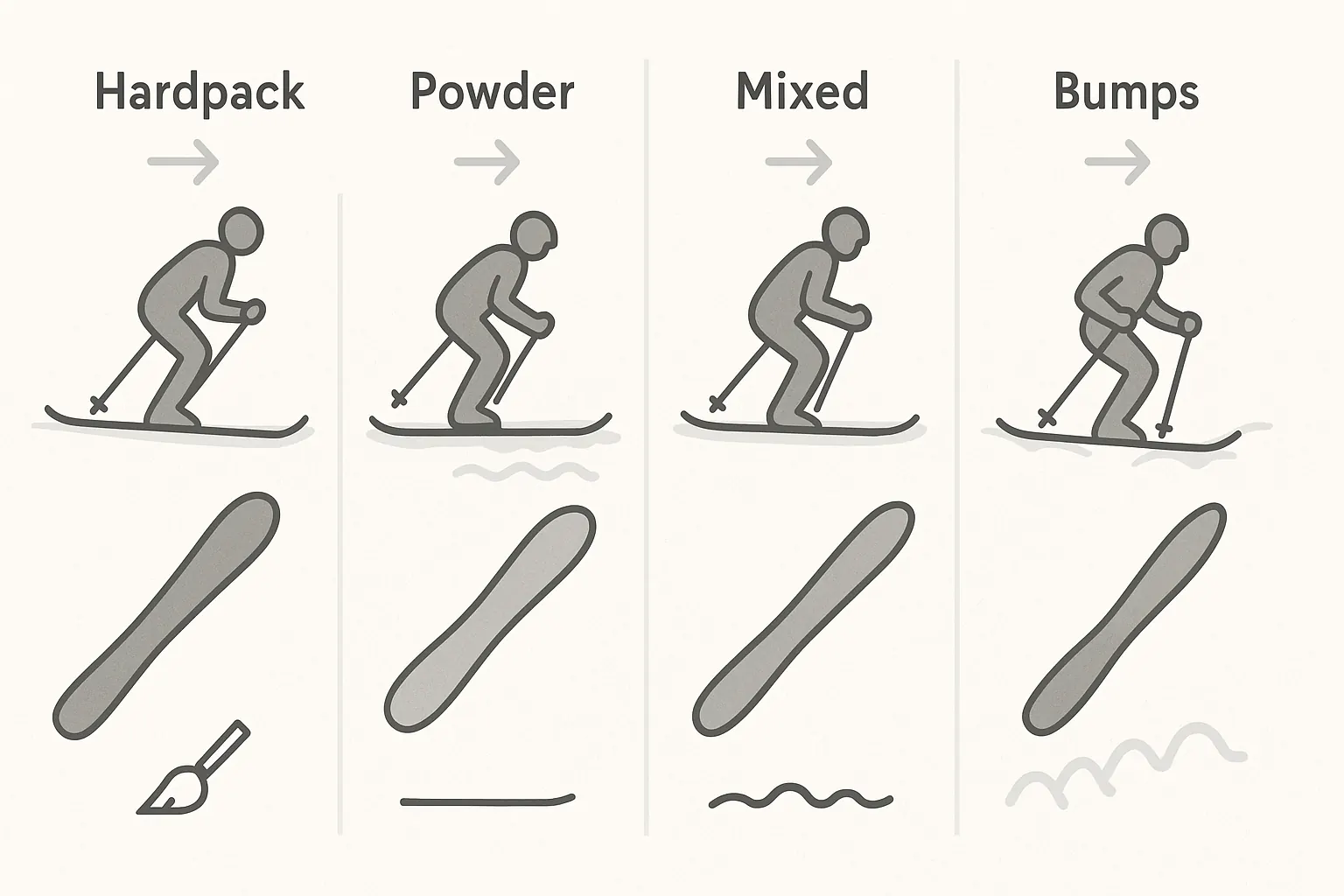Ski selection for conditions: hardpack, powder, mixed and bumps—choose width, rocker, length and tune.