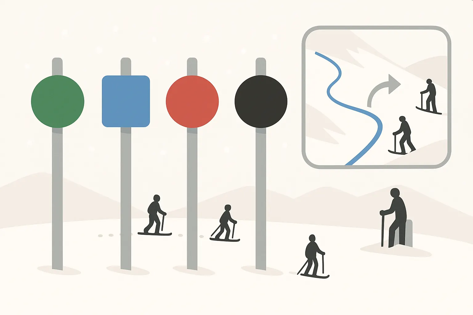 Slope difficulty signs: green, blue, red and black markers with safe route choice and spacing.
