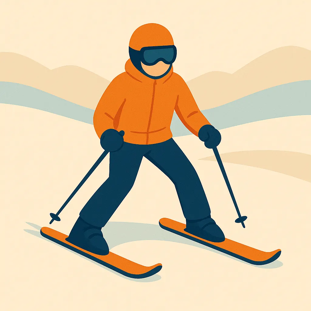 Illustration of a skier stopping on a gentle slope using snowplough stance.