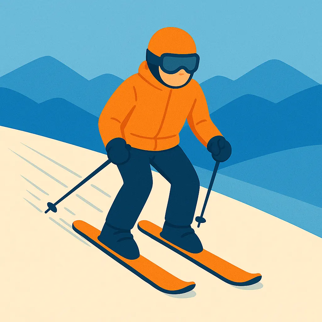 Illustration of a skier gliding straight down a slope with parallel skis and stable posture.