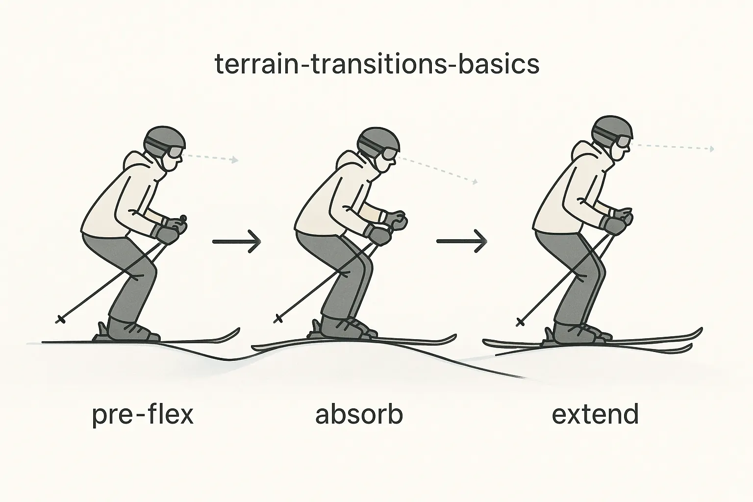 Terrain transitions: soften legs before crest, absorb over the roll, extend after; stable torso, centered, look ahead.