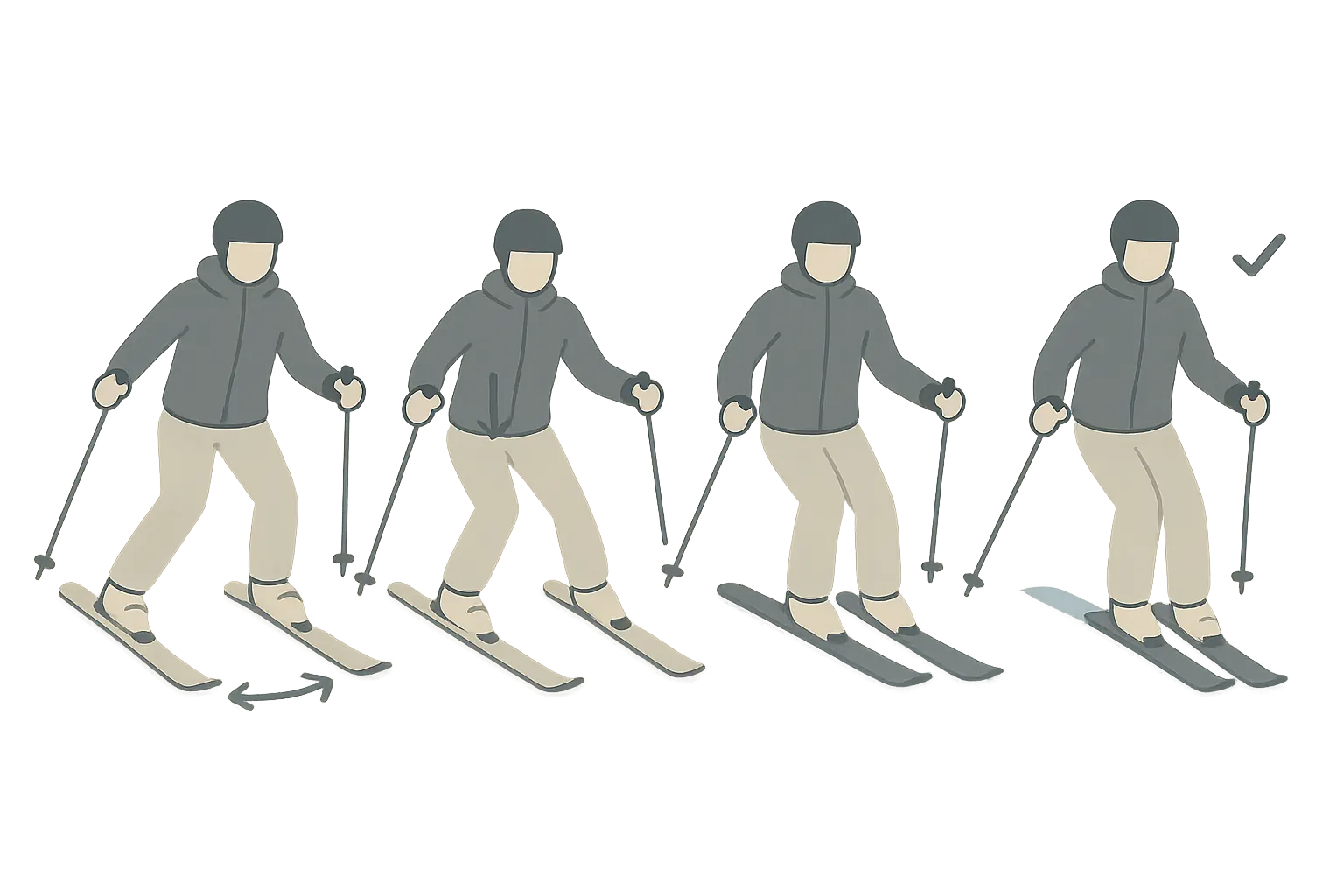Transition to parallel: skis flatten, edges release, skis align; weight centered over outside ski.