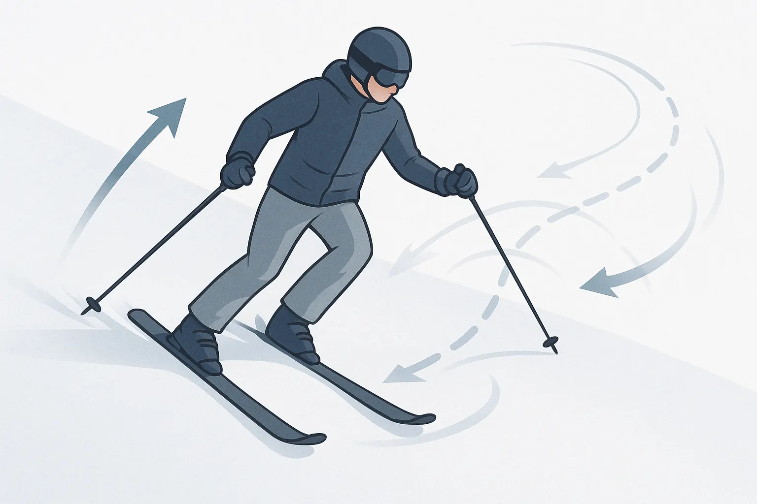 Skier traversing diagonally: skis angled, edges engaged; gentle direction change without losing control.