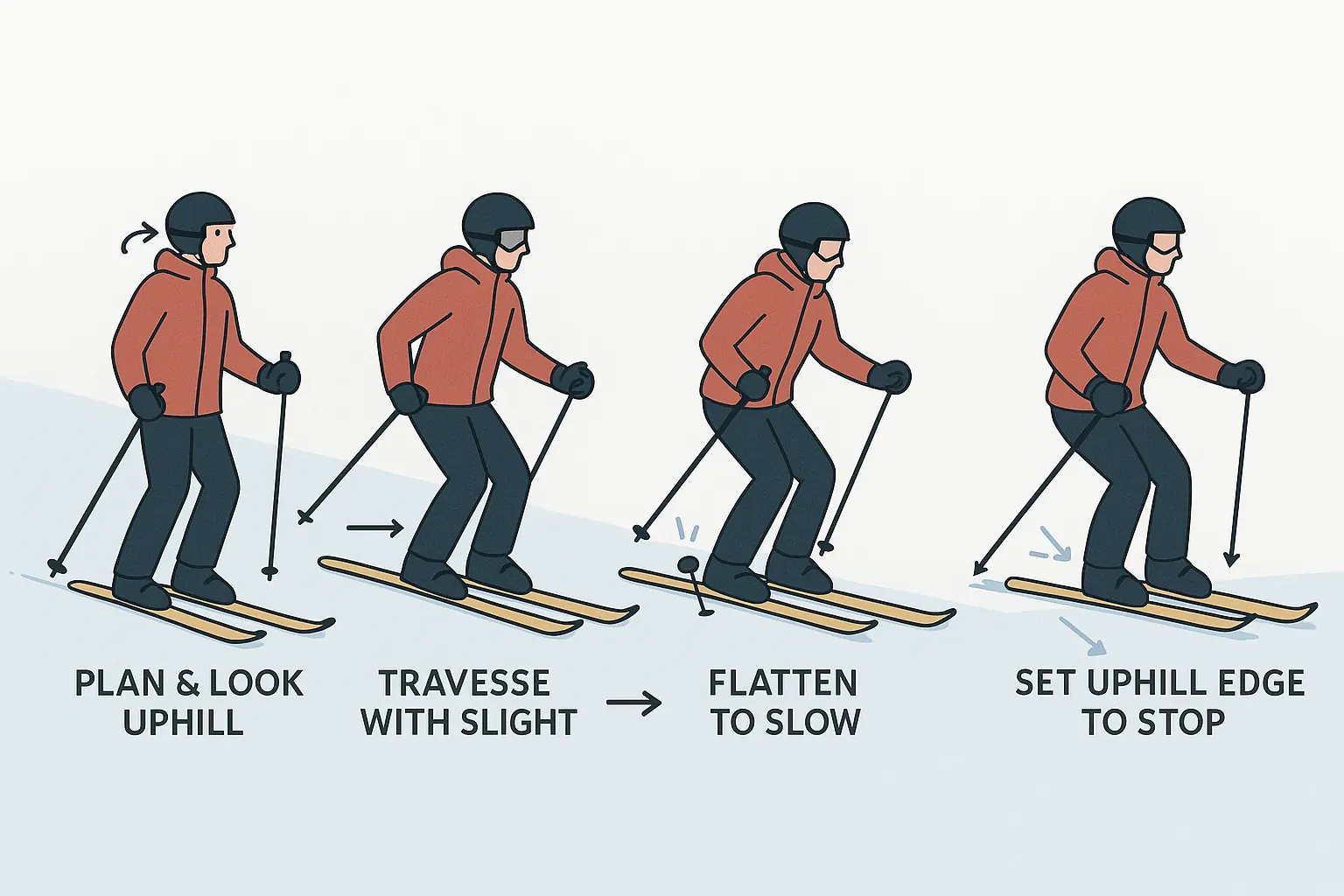 Traverse across, flatten to slow, then set uphill edge to stop with skis across the hill; hands forward, eyes downhill.
